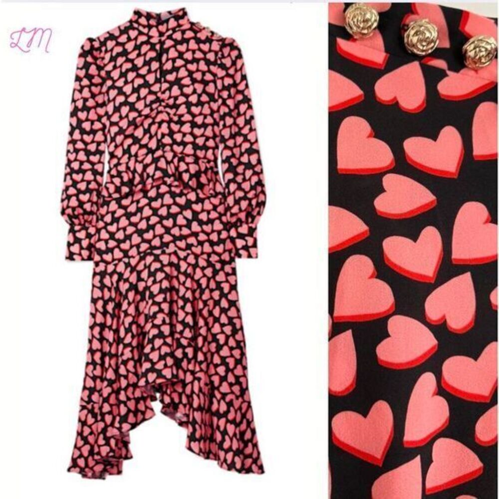 Rebecca Vallance Hotel Beau Frill Midi Dress Heart Print Long Sleeve Pink Size 4